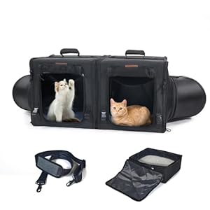 2-in-1 Portable Dual Compartment Show House Cat Cage/Apartment – Comfortable Kitten Home and Cat Travel Crate – Comes with Portable Carry Bag/Two Hammocks/Cushions and Foldable Litter Box