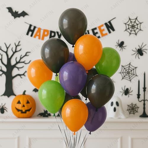 Image of AMFIN (Pack of 50) Halloween Party Balloons | Orange, Black, Purple & Green Latex Balloons | Spooky Party Decorations for Birthday, Halloween, Events & Celebrations