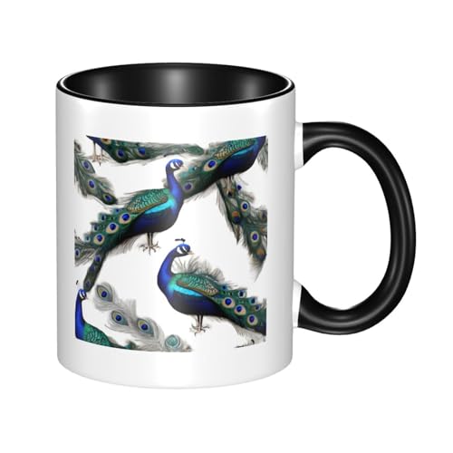 WBQLSL Taza de cerámica de doble color de pavo real, taza clásica con mango grande, adecuada para oficina y ocio en casa, apta para microondas