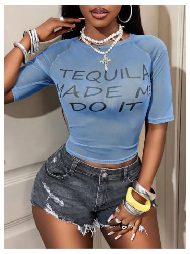 Image of RoseSeek Women's Sheer Mesh Letter Graphic Tees Short Sleeve Crew Neck Y2K Vintage Summer Going Out Crop Tops