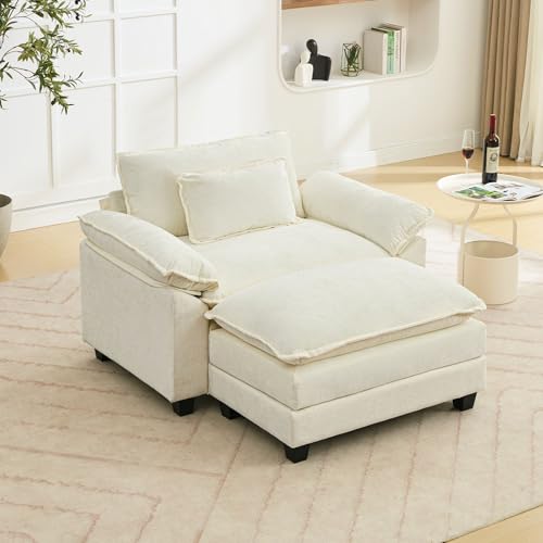 Image of Oprisen 53 inch Modular Sectional Sofa, Comfy Cloud Couch Sectional Sofa with Ottoman, Chenille Sofa Sleeper Deep Seat Sofa with Throw Pillows for Living Room (Beige White)