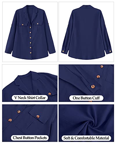 Vetinee Women's Casual Button Down Blouse Shirts Cuffed Sleeve Loose T-Shirt Tops Navy Size Large (Us 12-14) #TOP4