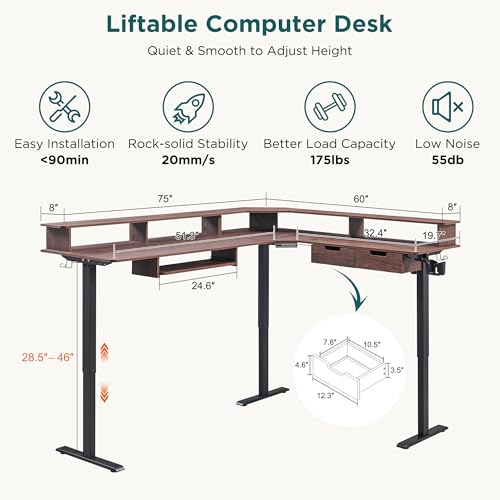Image of RedLemon 75X60 Inches L Shaped Electric Standing Desk, Height Adjustable Corner Gaming Desk with Drawers, Keyboard Tray, Power Outlets & LED Lights, Computer Desk with Monitor Shelf, Dark Walnut