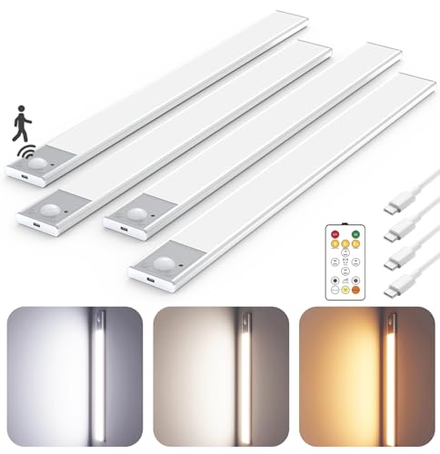 16" Thin Motion-Activated Under Cabinet Lighting, Aluminum Alloy Under Counter Lights for Kitchen, 3-Color-Temps Magnetic Closet Lights, Rechargeable Motion Sensor Light Indoor (4Pack, Silver) -  Skairipa, SN00210