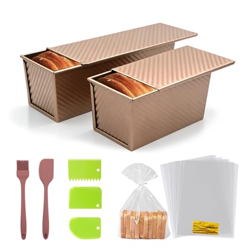 MCIAONE 2 Pack Pullman Loaf Pan with Lid - 1LB & 2LB Dough Capacity Bread Pan for Baking Toast, Non-Stick Carbon Steel Bread Pans for Homemade Breads, Corrugated Sandwich Loaf Pans Mold, Bakeware Set