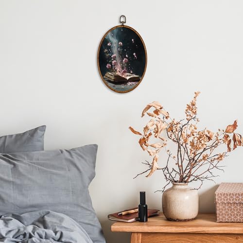 KSDUT Retro Flower Book Wall Art Decor - Botanical Neutral Mid Century Modern Wall Art Canvas Frame Hanging Prints, Vintage Dark Academia Rose Oval Artwork Decor for Home Decorations 8.6"x11.4" - Image 3