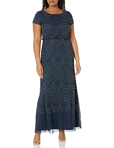 Adrianna Papell Women's Short Sleeve Blouson Beaded Gown, Navy, 6