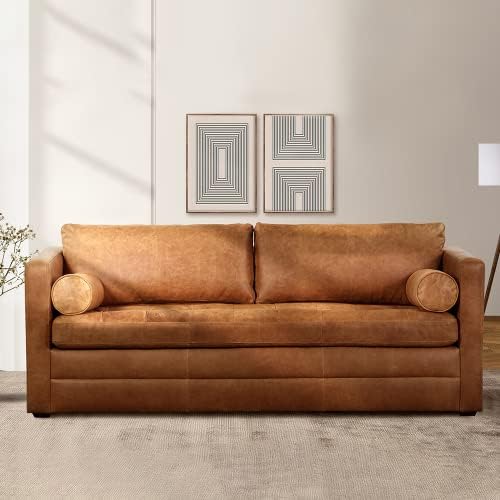 POLY & BARK Napa 82" Pull-Out Convertible Sleeper Sofa in Full-Grain Pure-Aniline Italian Leather, Cognac Tan