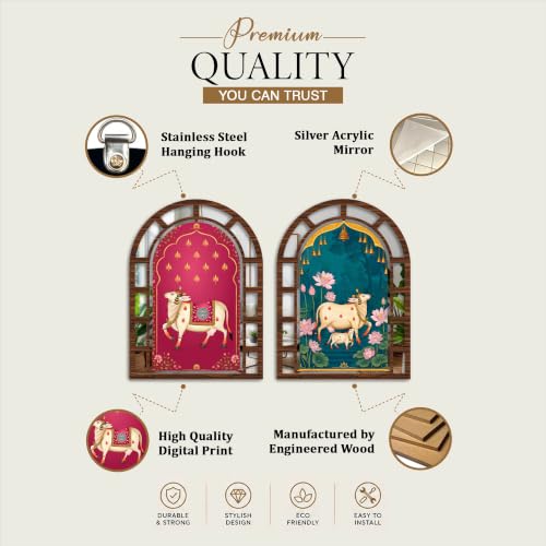 Image of Artvibes Artistic Jharokha Mirror Wall Decor | Home Decoration for Bedroom, Hall, Temple Room, Office, Foyer, Dining Area & Entrance | Gift (WHJ 12024N), Set of 2