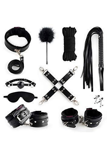 BDSM Bed Restraints 12Pcs for Bondage Romance Sex, PALOQUETH Furry Leather Sex Bondage Kits with Kinky Handcuffs Ankle Cuff Nipple Clamps for Women,Men and Couples