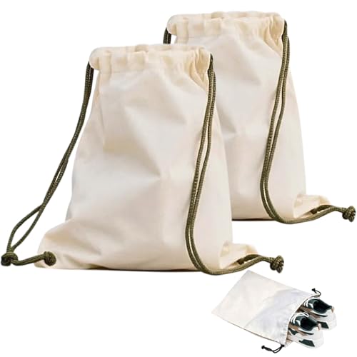 Canvas Shoe Bags for Travel, 2 Pcs Drawstring Shoe Storage Pouches, Dust Proof Washable Shoe Organizers (17.7x13.8in, Beige)