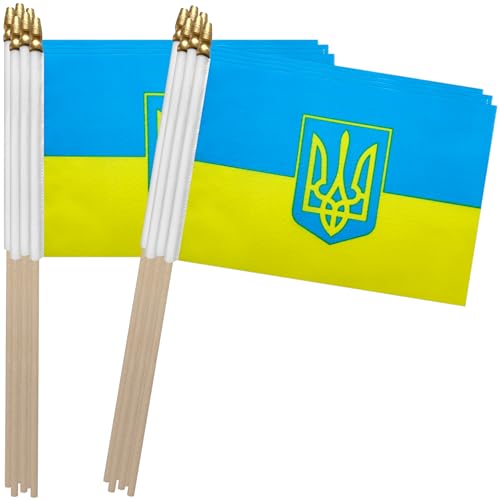 TSMD Ukraine Stick Flag Small Mini Ukrainian Coat of Arms Handheld Flags Decorations,5x8 Inch,12 Pack