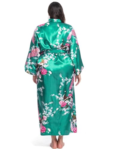Image of Women's Floral Long Satin Robes Plus Size Long Silk Robes Peacock Floral Kimonos Sleepwear Dressing Gown