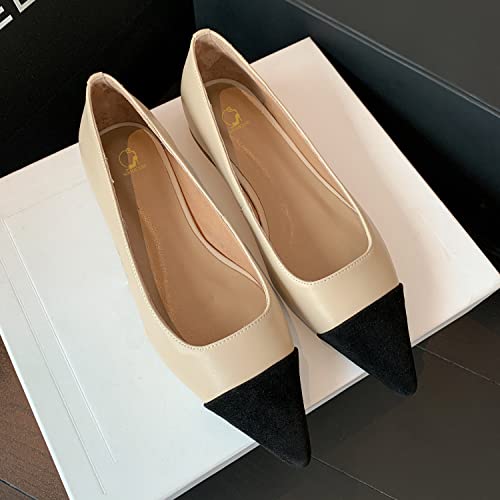Shodense Women Casual Cap Toe Flats Slip On Pointed Toe Ballet Flats Two Tone 0.5" Low Flat Heel Pumps Comfortable Colorblock Basic Flat Dress Shoes Office Ladies Chic Driver Flats Fall Beige 9 M Us #TOP3