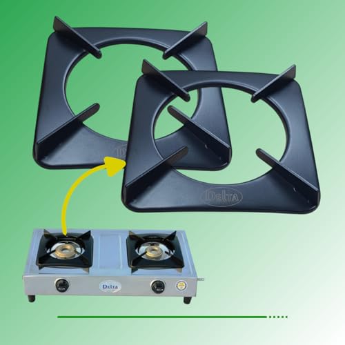 DELTA® Gas Stove Parts Black Powder Coated Heavy Deluxe Square Pan Support Stand for Universal Steel Body Standard Gas Stove Size 19x19 CM, Diagonal Pin to Pin 22 CM (Pack of 2)