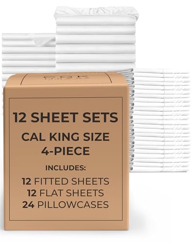 Bulk Case Pack of 12 Sheet Sets - (12) Complete Sheet Sets - Bulk Cal King Bedding - Wholesale Case Pack for Hotels, Spa & Airbnbs - Deep Pocket & Wrinkle Free - Cooling & Breathable - Cal King, White