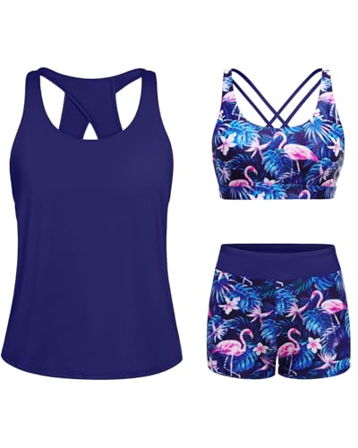 Image of 3 Piece Tankini Long Sleeve Swimsuits Athletic Rash Guard Bathing Suits | Modest,Full Coverage,High Waisted Short,Quick Dry,Criss Cross Back
