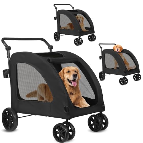 Passeggino per Cani di Taglia Grande e Media Pieghevole a 4 Ruote con Ingressi a Cerniera e Finestre a Rete, Passeggino per Animali in Acciaio e Tessuto Oxford, 88x53x105cm, Nero