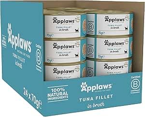 Applaws Natural Premium Wet Cat Food for Adult Cats, Tuna Fillet in Broth Pack of 24 x 70g Cans
