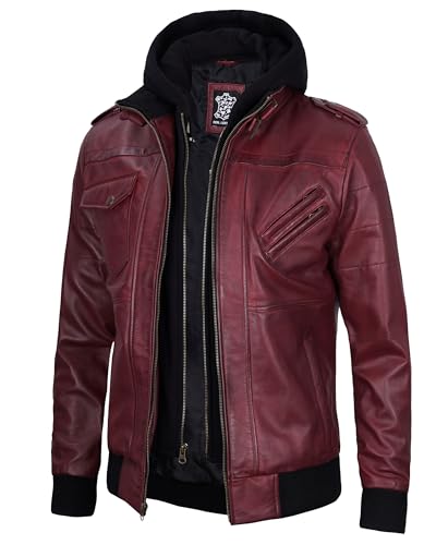 Image of Decrum Mens Leather Jacket - Detachable Hood Stylish Real Lambskin Leather Bomber Jacket Men