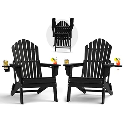 Plawdlik HDPE Folding Adirondack Chair Set of 2, Heavy Duty Outdoor Patio Chair with Dual Cup Holders, Weather Resistant Fire Pit Chair for Deck,Backyard,Lawn, Black