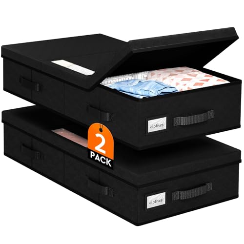 Image of StoreHappily Under Bed Storage Containers with Lids - 2 Pack, Foldable and Stackable Clothes Storage Bags with Clear Window, 3-Sided Handles and Label Slot for Clothing, Blankets, Pillows (Black)