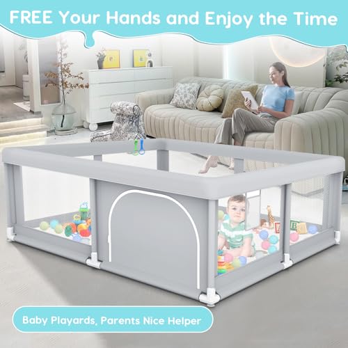 Image of Fshibila 50 inch x50 inch Baby Playpen with Mat, Baby Playard for Babies and Toddlers, Play Pens for Indoor & Outdoor, Sturdy Safety Play Yard with Soft Breathable Mesh, Anti-Fall, Ball x 18, Handle x 2, Grey