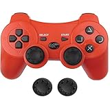 Bek Wireless PS3 Controller, Design PS3 Gamepad Remote with Non-Slip Joystick Thumb Grips, Rechargeable Battery, Double Shock Vibration and Motion Sensors for Sony Playstation 3 PS3 (Red)