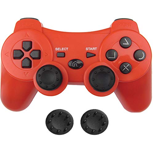 Bek Design Wireless PS3 Controller, PS3 Gamepad Remote with Non-Slip Joystick Thumb Grips, Rechargeable Battery, Dual Shock Vibration and Motion Sensors for Sony Playstation 3 PS3 (Red)