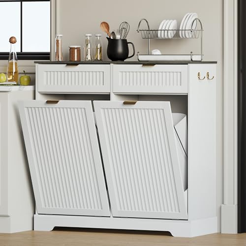 2x13 Gallons Double Tilt Out Trash Can Cabinet, Trash Cabinet, White