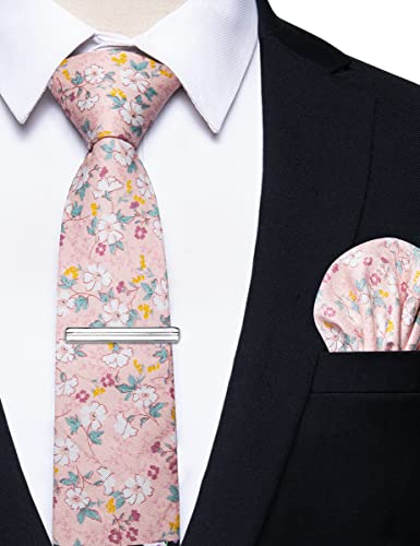 Image of YourTies Cotton Floral Tie for Men 2.5 inch Printed Skinny Necktie Pocket Square Tie Clip Set Flower Wedding Party Groom