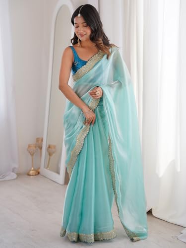 Image of AKHILAM Women's Shimmer Satin Sequence Embroidery Work Border Saree With Unstitched Blouse Piece