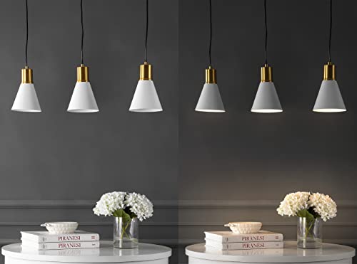 Image of JONATHAN Y Apollo Mid-Century 3-Light Pendant 33.5 inch, White /Brass Gold | Modern, Adjustable Height, Metal Cone Shade, Kitchen Island, Hallway, UL Listed, Slope-Compatible, LED Bulb Included
