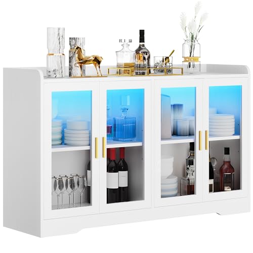 DWVO 55'' Sideboard Buffet Cabinet, Coffee Bar Cabinet with LED Light, 4 Doors & Adjustable Shelves, Large Storage Cabinets for Kitchen, Dining Room, Living Room, White