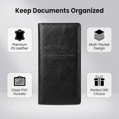 Image of LumiMokki Premium Car Registration & Insurance Card Holder with Magnetic Shut, Vehicle Glove Box Car Organizer - For Documents, Cards, License (Cowhide Black)
