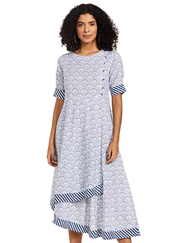Image of Rangriti Blue Cotton Kalidar Dress for Women