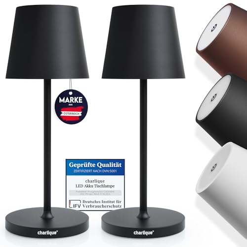 charlique® Dinner Light mini (2 peças) pequeno candeeiro de mesa LED recarregável na cor preta, ajustável sem níveis, com bateria extra forte, carregamento por USB, efeito de luz branca quente