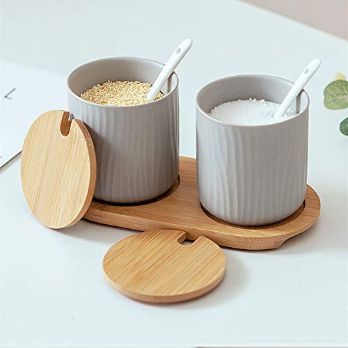OnePine 2er Set Keramik Gewürzdosen Zuckerdose Keramik Zucker Schüssel mit Löffel und Bambus Deckel für Tee Zucker Salz Gewürze Bei Zuhause… – Ansicht 4