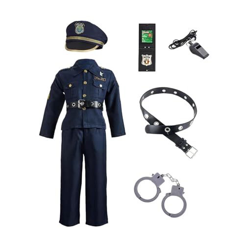 Officer Costume Kids Policeman Outfit Cop Accessories Set Shirt Pants Hat Handcuffs Belt Childrens Officer Uniform Halloween Fancy Dress Up Cosplay Toys to Boys and Girls