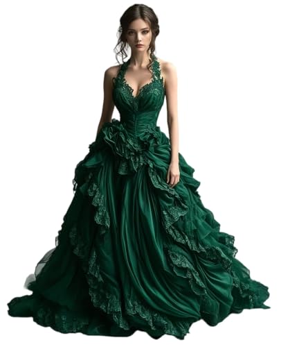 Dydsz Womens Gothic Halter Ruffle Emerald Green Prom Dress Formal Gown 10