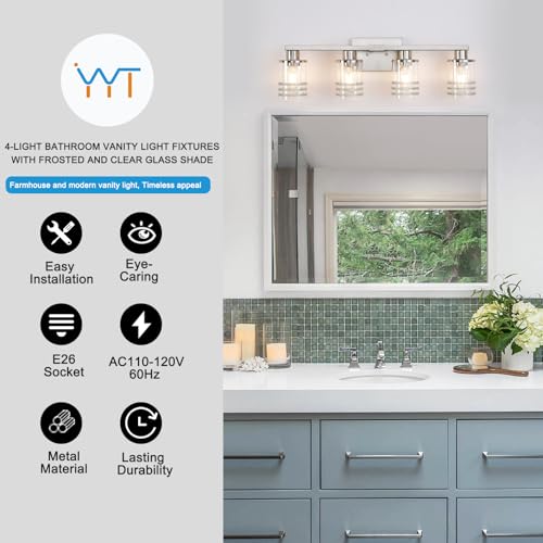 Image of YYT Brushed Nicekl Bathroom Light Fixtures 4 Light Bathroom Vanity Light Brushed Nicekl Vanity Lights for Bathroom with Clear Glass Shade
