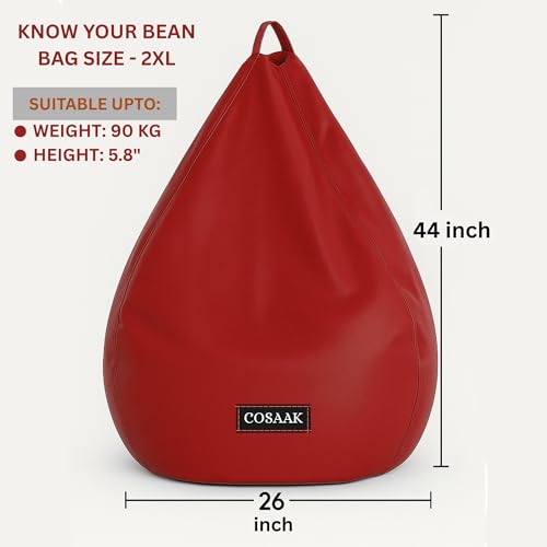Image of Bean Bag Cover, Faux Leather, 66 x 86 x 112 cm, Indoor Gaming and Reading Chair (RED, XXL, Solid)