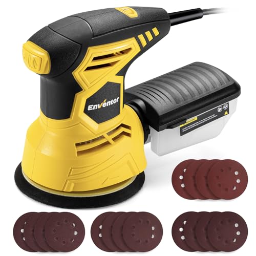 Enventor Ponceuse Excentrique 300W, 6 Vitesses Variables 13000RPM Ponceuse Orbitale 125mm, Papier Abrasif 16 Pièces, Ponceuse électriques avec Collecte de Poussière pour Surfaces en Bois et Acier