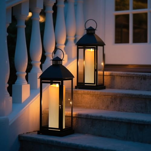 Image of Large Outdoor Flameless Candles, 5 inchx14 inch Battery Operated Electric Flickering Fake Candles with Remote, Waterproof Plastic Pillar Candles for Porch Lanterns Patio Decor (Ivory White, Set of 2)