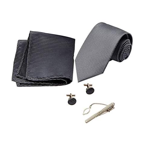 KRUIHAN 4 Pcs Men's Tie Set - Twill Necktie Classic Handkerchief with Tiepin Cufflinks Formal Suit Accessories for Dad, Husband, Boyfriend Dark Gray Cover