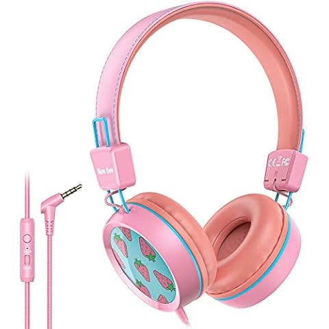 New bee Kids Headphones with Microphone Safety Volume Limited 85/95dB Children Headphones Lightweight Foldable for School Travel (Pink) Cover