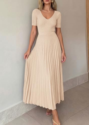 Image of PRETTYGARDEN Women's 2026 Spring Midi Sweater Dresses Elegant Pleated Ribbed Knit Short Sleeve V Neck A Line Summer Outfits