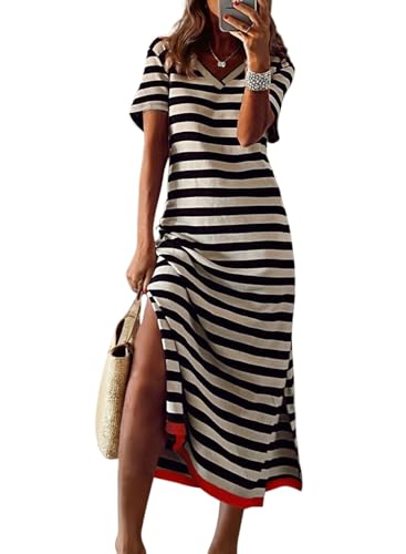 Image of Dokotoo Womens 2026 Short Sleeve Maxi Dress Striped Split T Shirt Dress | V Neck,Casual Trendy,Vacation Cruise Outfits,Resort Wear,Long Dresses,Summer Spring