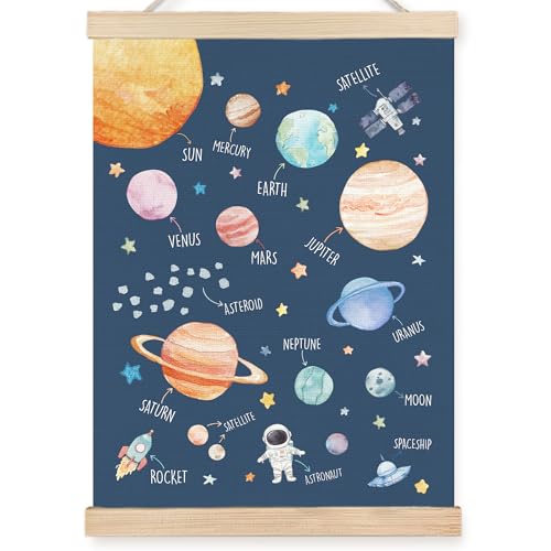 Image of PQKIY Space Nursery Wall Art Poster Hanger Frame 12x16 in, Watercolor Outer Space Solar System Planet Wall Decor Canvas Prints for Nursery Boys Kids Room Bedroom Playroom Classroom