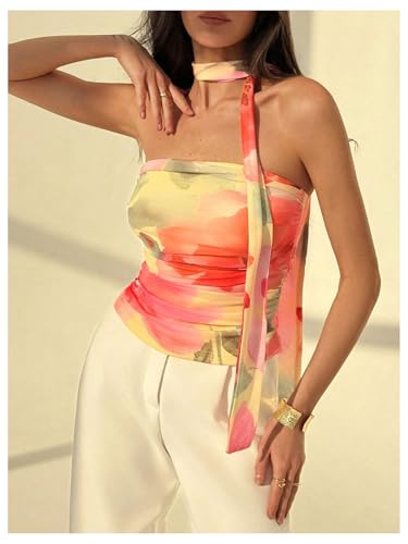 Women's Floral Tie Dye Strapless Tube Top Sleeveless Y2K Bandeau Tops with Scarf4
